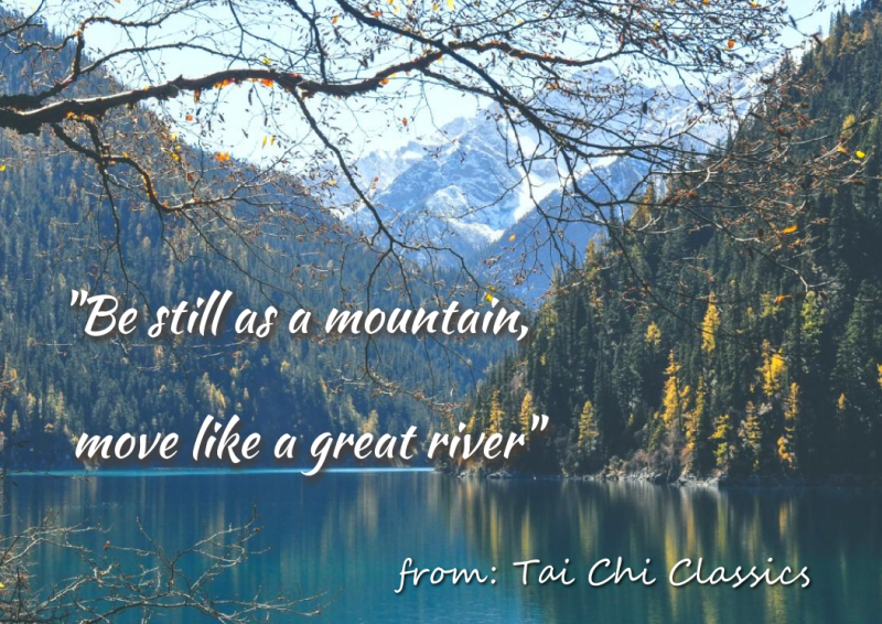 photo of mountain & river with quote: "Be still as a mountain, move like a great river"